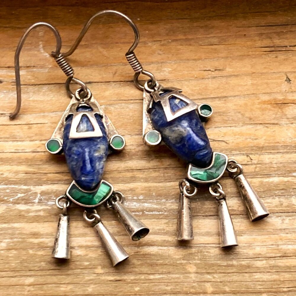 Stunning Taxco mask earrings in sterling, lapis lazuli & malachite - Picture 1 of 6